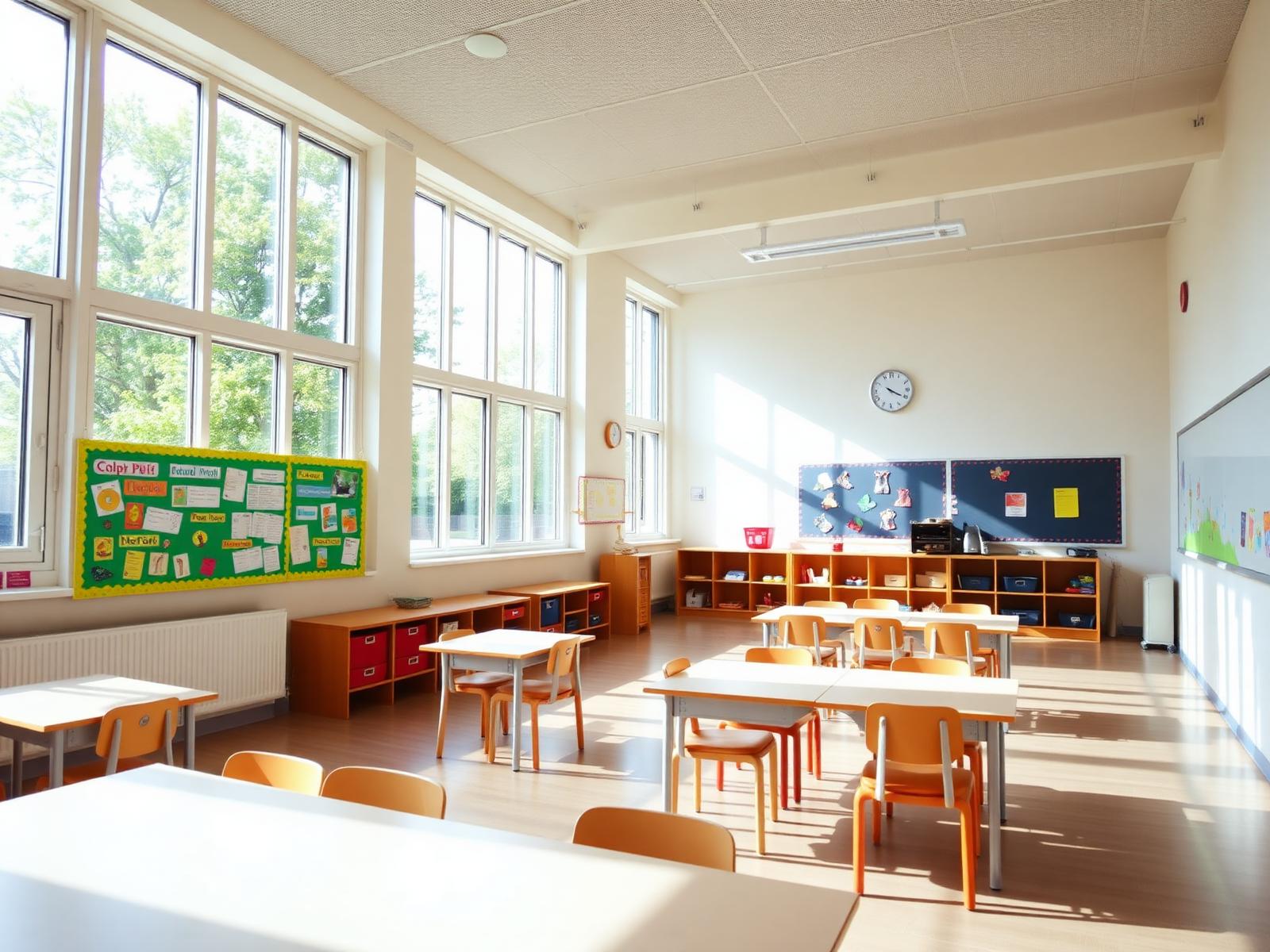 Bright modern UK primary school classroom with large windows and healthy daylight
